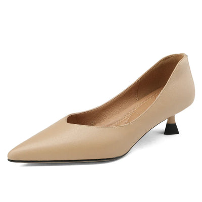 plus size 34-42 women's genuine leather 4.5cm kitten heel pointed toe slip-on pumps elegant ladies low heeled shoes