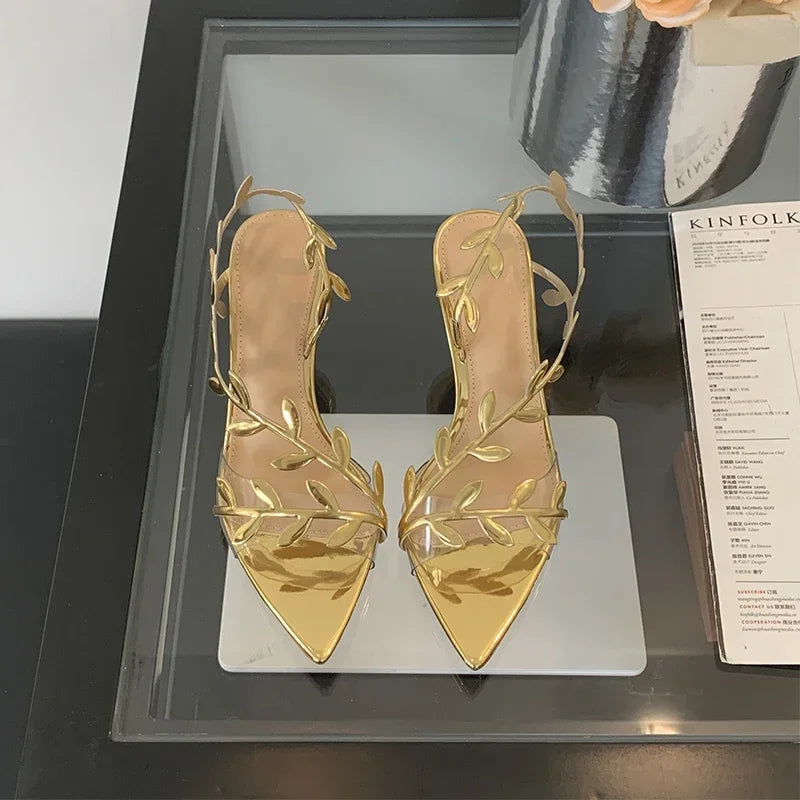 2025 Summer Ladies High Heels Fashion Pointed Leaf Gold Silver High Heel Sandals Women Party Wedding Shoes