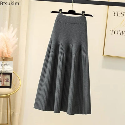 2025 Women's High Waisted Thickened Knitted Skirt Mid-length Wool Skirt All-match A-line Long Skirt Autumn Winter Skirts Female