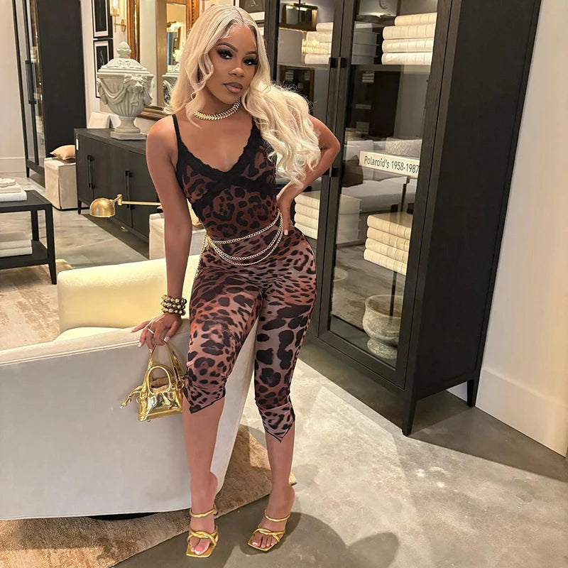 CUTENOVA New Women'S Leopard Print Lace Trim Patchwork Camisole Jumpsuit Bodycon Seven Points Jumpsuit Fashion Streetwear Romper