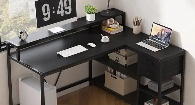 L Shaped Desk with Drawers and Storage Shelves, Home Office L Corner Desk with Monitor Stand, 55" x 24" Desktop Computer Desk