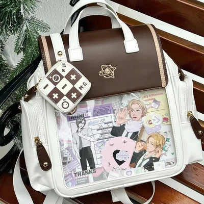 Y2K Cute Vintage Aesthetic Ita Backpack Women Large Capacity PU Student Knapsack JK Girl Transparent Bag Fashion Preppy Rucksack