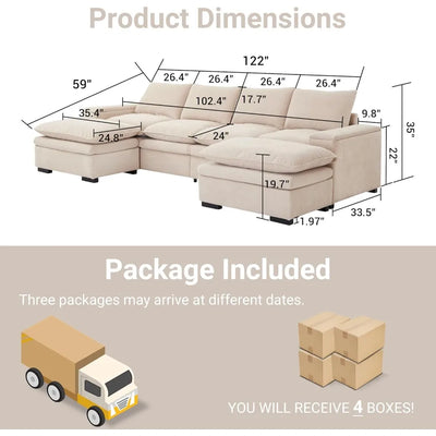 122″ Oversized Modular Sectional Sofa with Movable Ottoman, 6-Seat Deep Seat Sofa with Armrest Storage, Convertible U Shaped