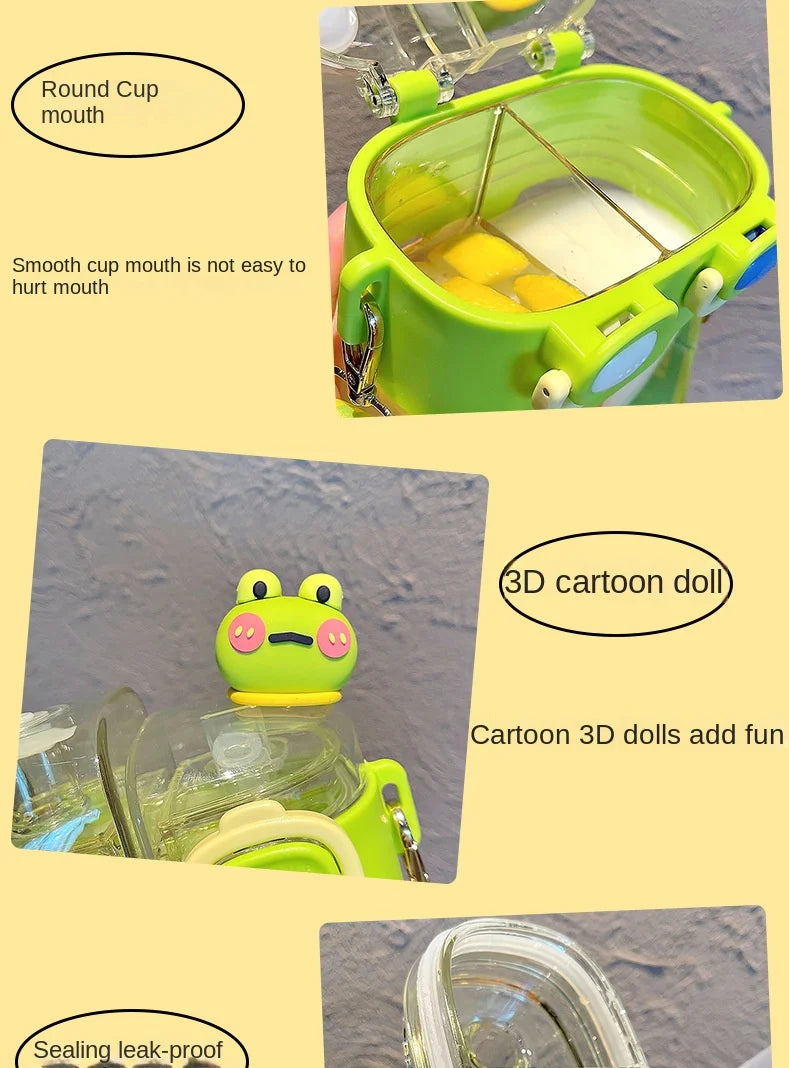 Drinking Bottle Large-Capacity Double-Bin Plastic Straw Cup Children Portable Carrying Water Bottle with High Beauty Cartoon Out