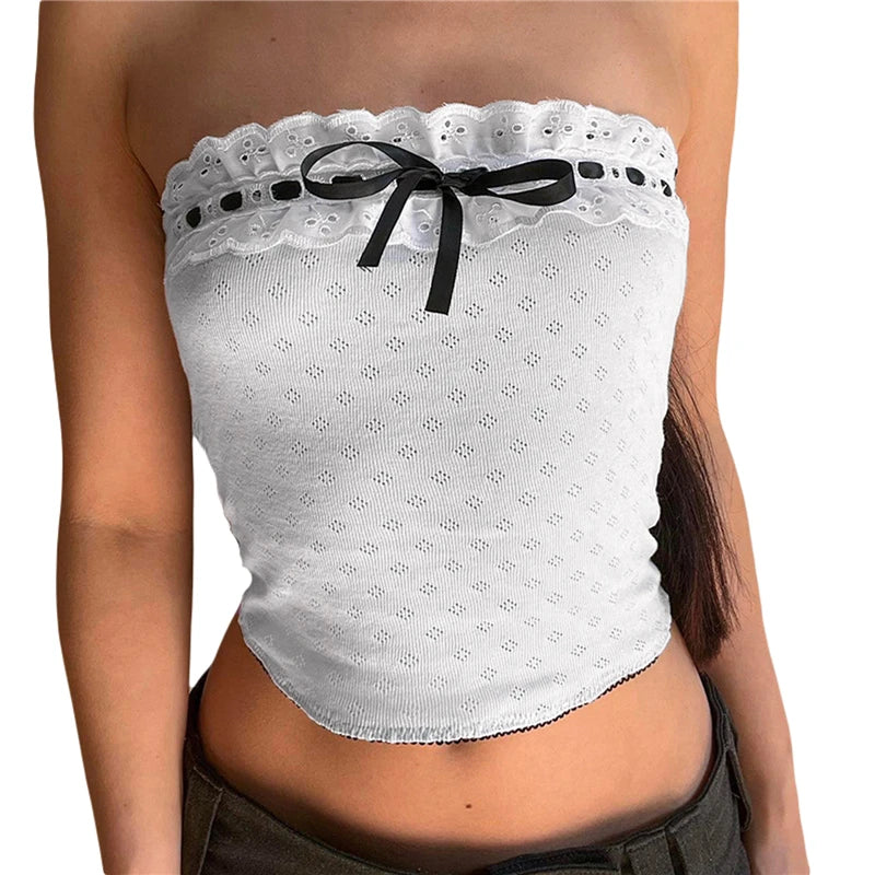 Xingqing y2k Off Shoulder Top Women Fairy Grunge Clothes Summer Sleeveless Lace Trim Patchwork Strapless Tshirt 2000s Streetwear