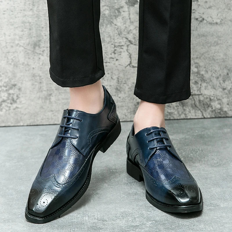 High End Brand Interview Office Business Shoes British Style Blue Brogue Shoes Massage Soles Men's Wedding Square Toe Shoes