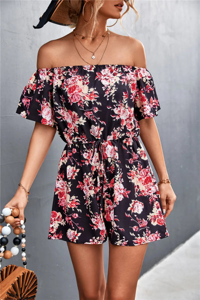 Summer Woman Playsuits Flowers Printed Sexy Off Shoulder Slim Romper Jumpsuit Women Short Sleeve Holiday Beach Playsuit