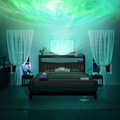 King Size Bed Frame with Star Projector & Charging Station, Metal Upholstered Bed frame with Headboard, Heavy Duty Beds
