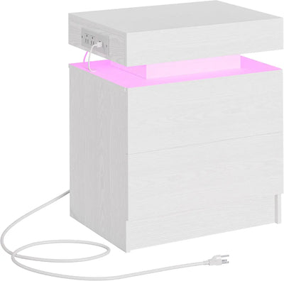 Night Stand with Charging Station, Modern Black Nightstand with LED Light and Drawers, Bedside Tables/End Table for Bedroom