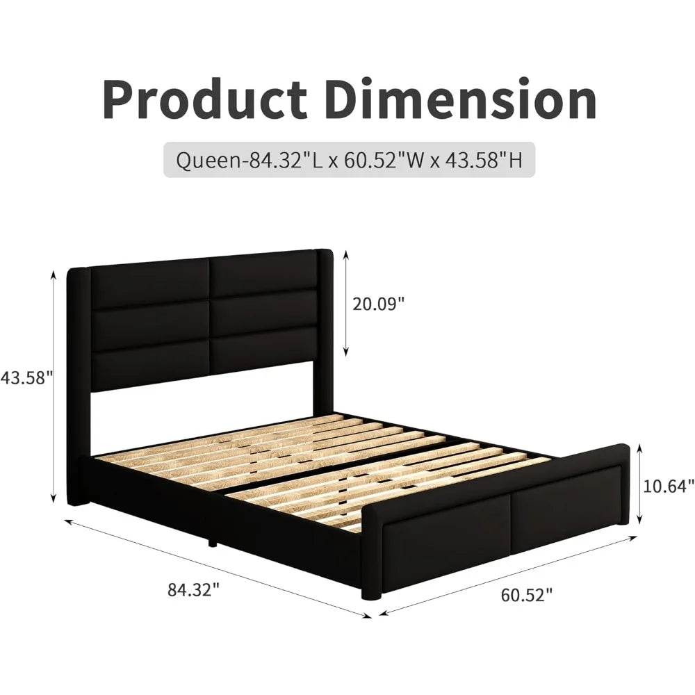 Bed Frame with Headboard and LED Lights,Modern Faux Leather Bed Frame with Wooden Slats Support and Duty Mattress Foundation