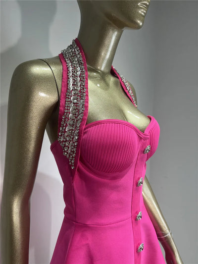Black Rose Knitted Bandage Dress Women Summer Fashion Diamonds Halter Single Breasted A Line Mini Dress Celebrity Evening Party