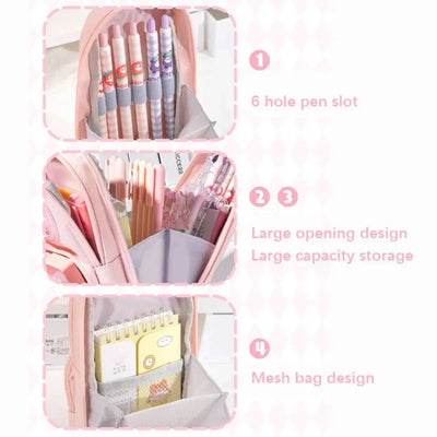 3Layer 6 Pockets Large Capacity Schoolbag shape Pencil Case Pencil Bag Aesthetic Stationery Holder Bag Girls Zipper Pencil Pouch