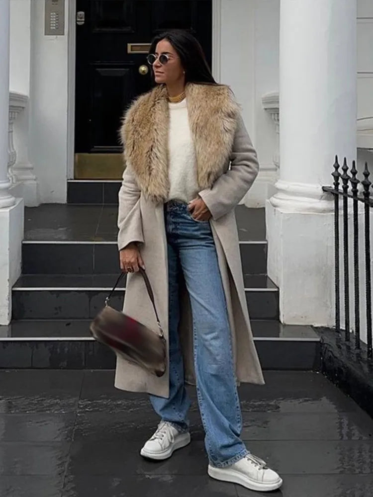Elegant Fur Lapel Long Coat Women With Belt Woolen Full Sleeve Lace Up Loose Thicken Overcoat 2025 Spring Solid Pocket Outwear