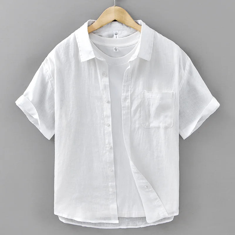 2025 Summer New Breathable Thin 100% Linen Short Sleeve Shirt for Men Casual Turn-down Collar Classic Shirt DC927