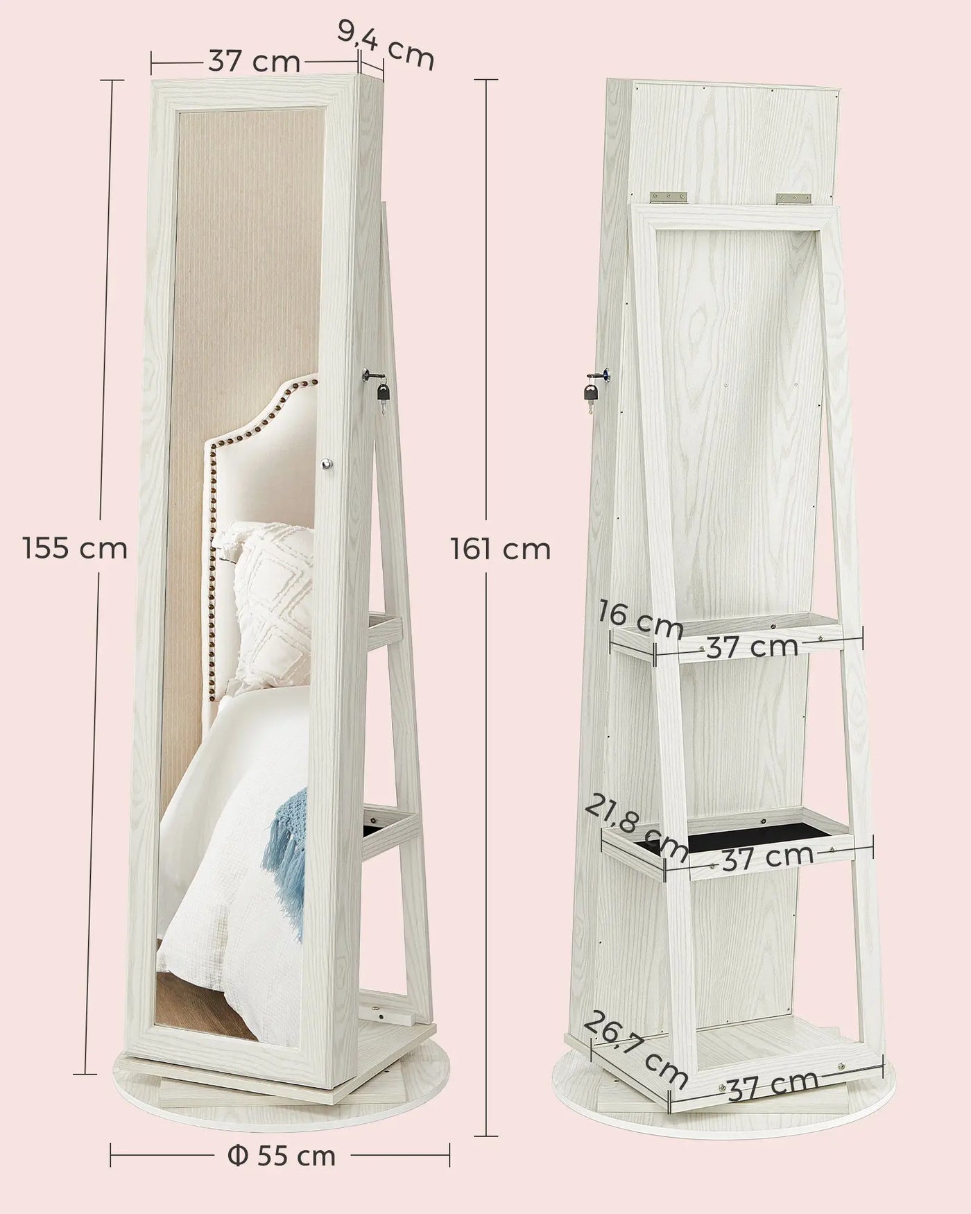 360 ° Rotatable jewelry storage Lockable Jewelry Cabinet Mirror Cabinet with Full Body Mirror