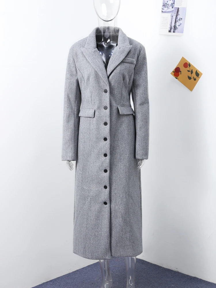 Woolen Burgundy Long Blazer Coat Women Single Breasted Notched Loose Long Sleeve Shoulder Pads Thicken Suit Jacket Female Office