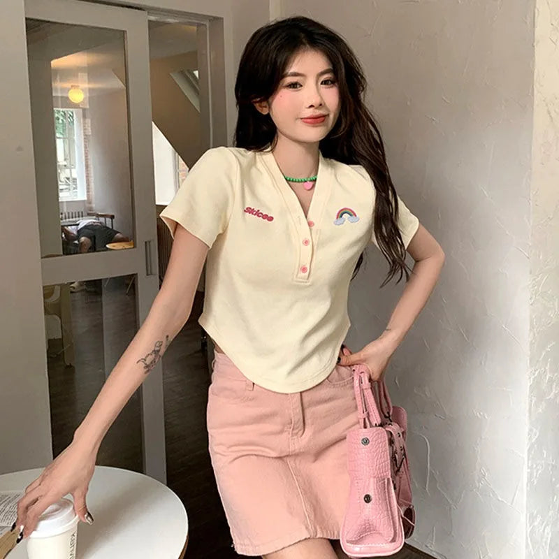 Women's Slim Short-sleeved T-shirt Sexy Pure Desire Wind Spice Girls V-neck Tops Cotton Summer Slim Chic Short Comfortable Top
