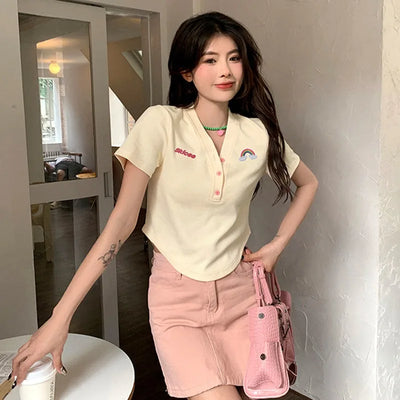 Women's Slim Short-sleeved T-shirt Sexy Pure Desire Wind Spice Girls V-neck Tops Cotton Summer Slim Chic Short Comfortable Top