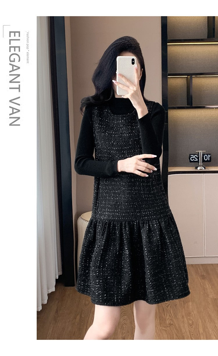 Woolen One piece Dress Women clothing Plus size Fat Mm2024 Autumn and Winter New Age-Reducing High end Western Style Fashion Woolen Vest Dress