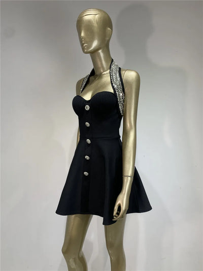 Black Rose Knitted Bandage Dress Women Summer Fashion Diamonds Halter Single Breasted A Line Mini Dress Celebrity Evening Party