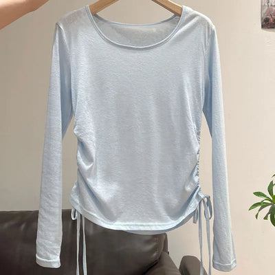 2025 New Summer Women's Light Blue Cooling Sun Protection Top Shirring Detail Loose Sheer Thin Blouse Y2k Korean Fashion Clothes