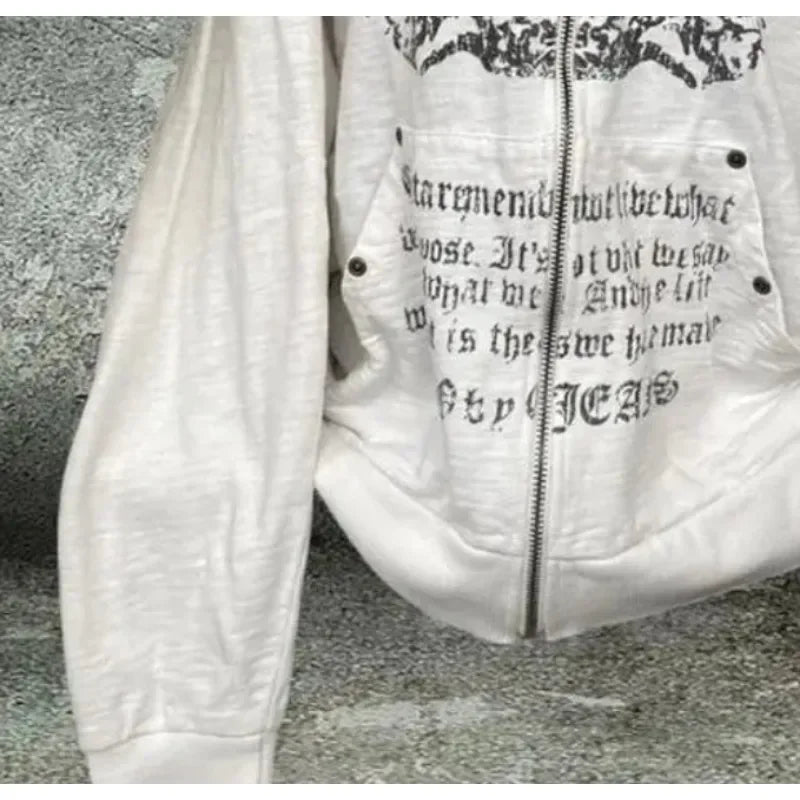 Print Tunic Hooded Y2k Coat Streetwear Fashion Casual Hoodies Tops Ropa Mujer Vintage Sweatshirts 2024 Women's Clothes White