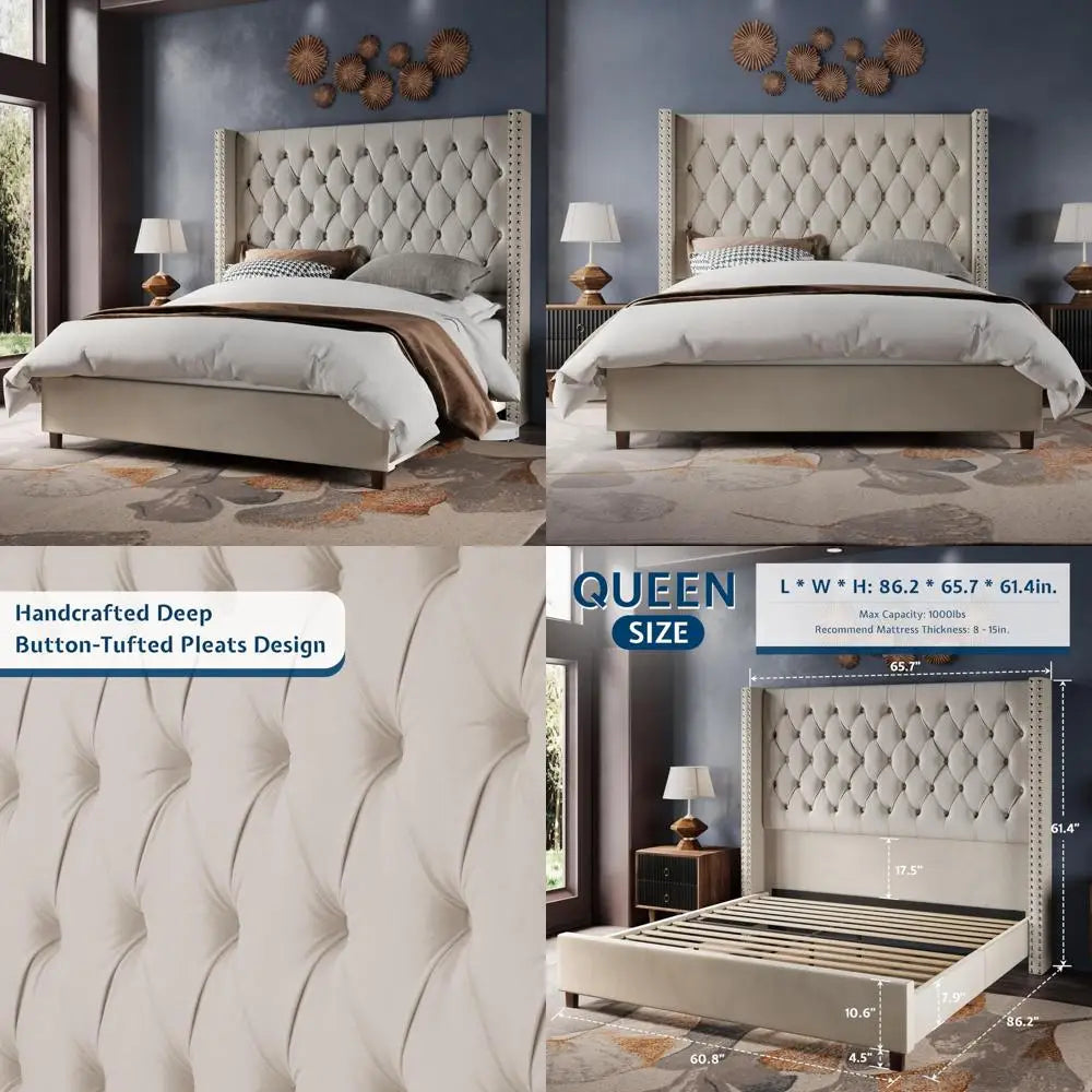 Queen Size Velvet Wingback Bed Frame with 61.4" High Headboard, Handcrafted Pleats and Deep Platform Design