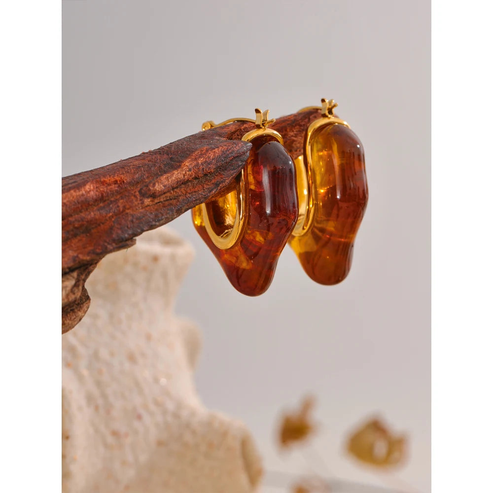 Yhpup Fashion Amber Resin Geometry Hoop Earrings Trendy Stainless Steel 18K PVD Plated Jewelry Accessories Gift
