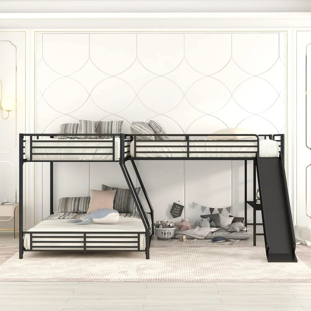 SOFTSEA Twin Over Full Bunk Bed with Twin Loft Bed, Heavy Duty L-Shaped Triple Metal Bunk Bed Frame with Desk and Slide for 3 Pe