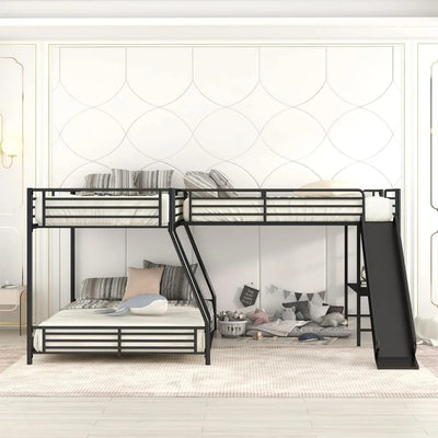 SOFTSEA Twin Over Full Bunk Bed with Twin Loft Bed, Heavy Duty L-Shaped Triple Metal Bunk Bed Frame with Desk and Slide for 3 Pe