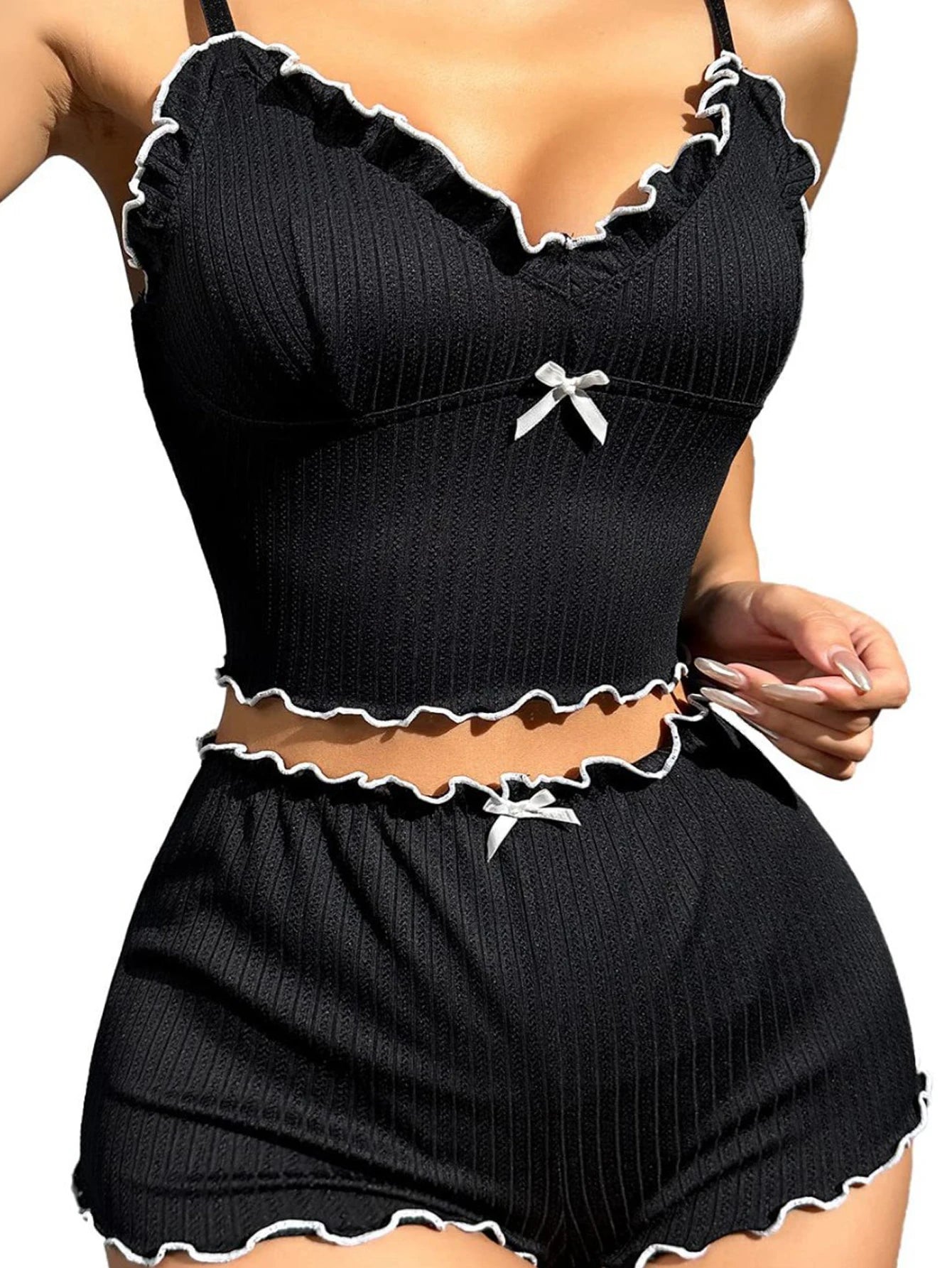 2 Piece Pajamas Set for Women Sexy Sling Top and Elastic Waist Shorts Sets Stylish Bowknot Rib Sleepwear Lounge Set Black XL