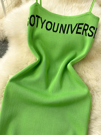 2026 Green Summer Letter Print Cami Dress Casual Sleeveless Bodycon Spaghetti Dress Women's Clothing Outfits Short Sundress