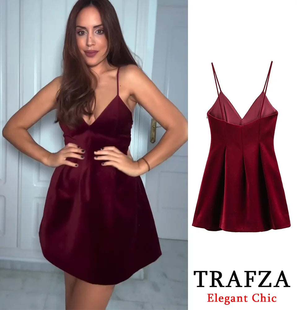 TRAFZA-Women Sexy Velvet Mini Dress Thin Strap Backless Burgundy Dress New 2025 Fashion Date Romantic Party Dress