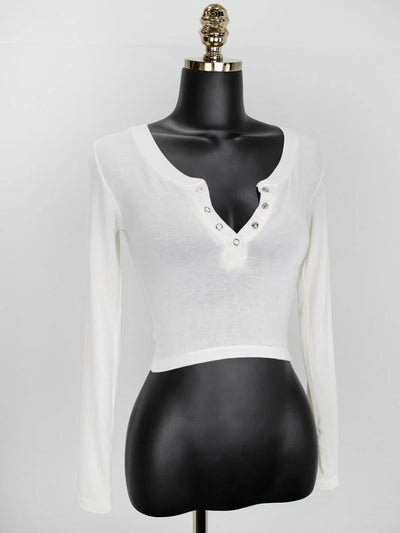 Button V-Neck Sexy Crop Top female long Sleeve Sashion Solid Color lady Tees Comfy Summer Basic Chic Thin T shirt See Through