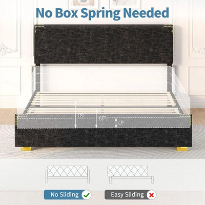 Bed Frames, Denim Texture Upholstered Bed Frame Full with Rivet Decorate Headboard and Headboard, Gold-Colored