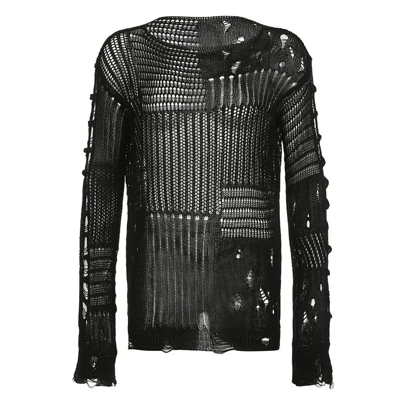 Women's Vintage Gothic Hollow Knit Sweater with Ripped Holes Grunge Y2K Style Thin Long Sleeve Loose Fit Summer Top in Black