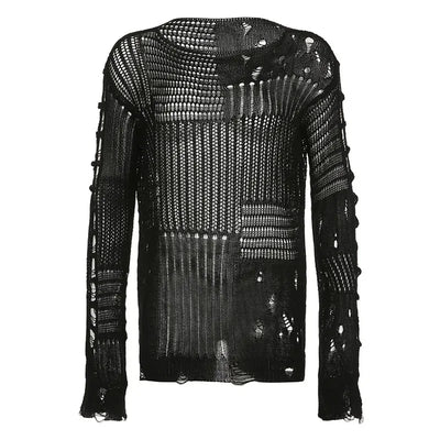 Women's Vintage Gothic Hollow Knit Sweater with Ripped Holes Grunge Y2K Style Thin Long Sleeve Loose Fit Summer Top in Black