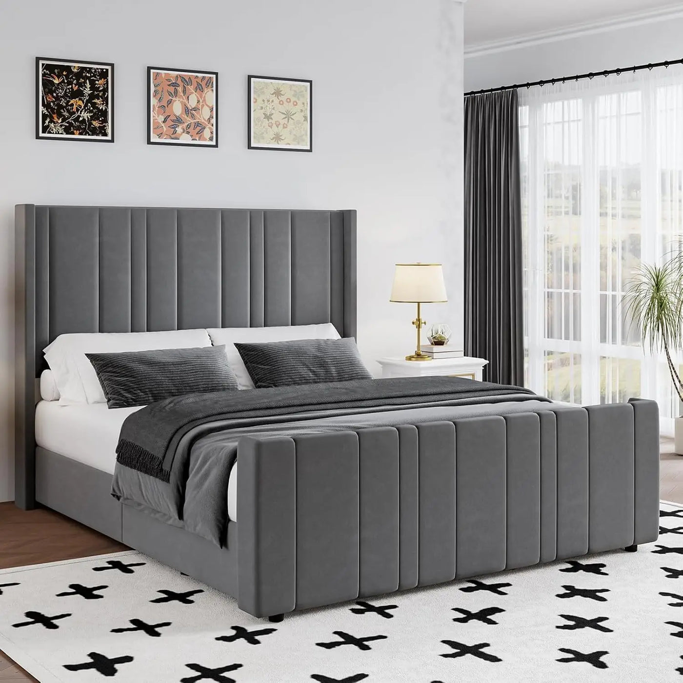 Queen Bed Frame Pink Upholstered Bed with Vertical Channel Tufted Headboard & 22" Footboard, Noise Free/Wooden Slats/Nois