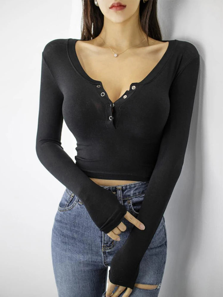 Button V-Neck Sexy Crop Top female long Sleeve Sashion Solid Color lady Tees Comfy Summer Basic Chic Thin T shirt See Through