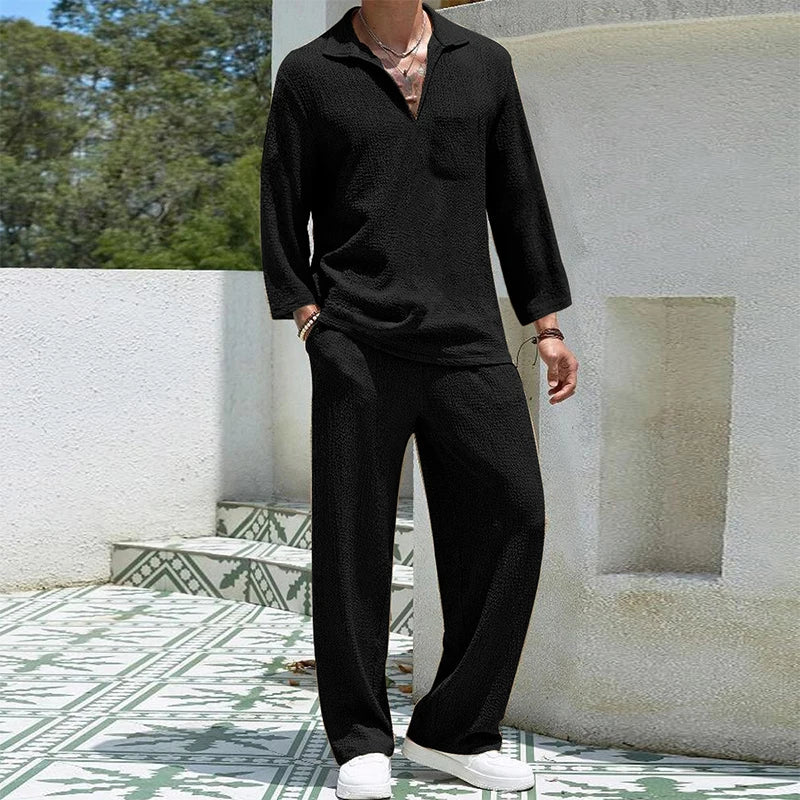 2024 Spring Summer Casual Cotton Shirts And Pants Suits Men Vintage Half Sleeve Irregular Cardigan Two Piece Sets Mens Outfits