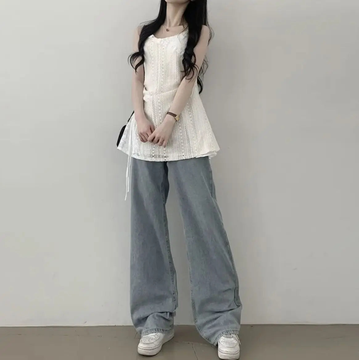 Hot Girl Korean Style Drawstring Lace-up Waist Lace Short Suspender Dresses + White Inner Wear Bottoming Sling Top Two-piece Set