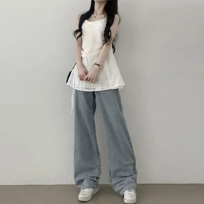 Hot Girl Korean Style Drawstring Lace-up Waist Lace Short Suspender Dresses + White Inner Wear Bottoming Sling Top Two-piece Set