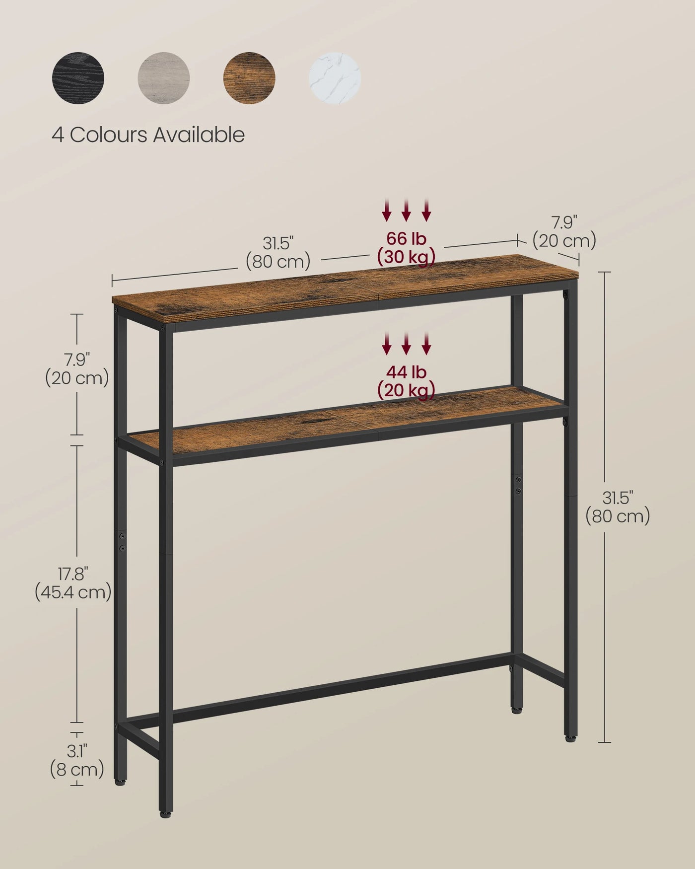 VASAGLE Console Table for Hallway, 2-Tier Slim Sofa Table, 20 x 80 x 80 cm, Hallway Table with 2 Shelves