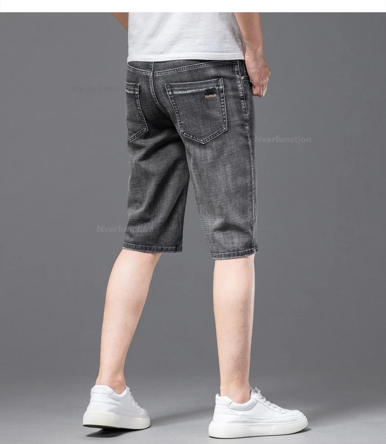Fashion Men's Straight Denim Shorts Summer Thin Elastic Casual Bermuda Jeans Breathable Fabric Male Clothes Boardshorts