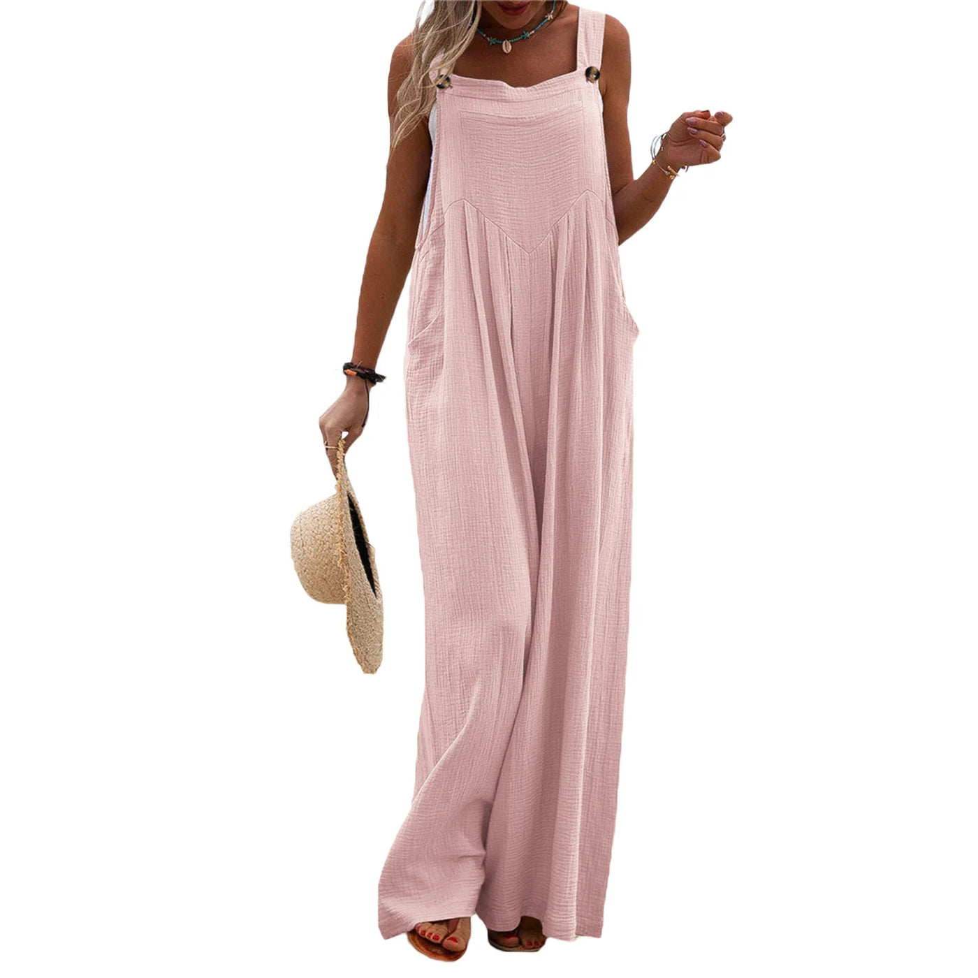 Overalls Women Summer Jumpsuit Outfits Plus Size Solid Color Casual Button Wide Leg Suspender Pants Overalls with Pockets