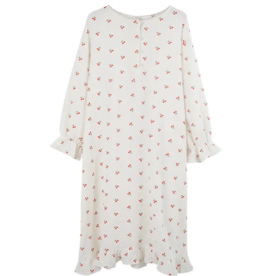 100% Cotton Woman Dress Cute Cherry Print Long Sleeve Button Up Korean Maxi Dresses Comfortable Homewear Vestido De Mujer