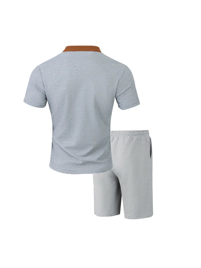 The 2025 men's new waffle checkered round-neck fashionable top, a two-piece casual suit with a rope short sleeve and shorts
