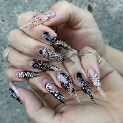 24Pc Leopard Print French False Nails Long Stiletto Press on Nails with Steel Ball Fake Nail Sweet Cool Detachable Nail Tips Art
