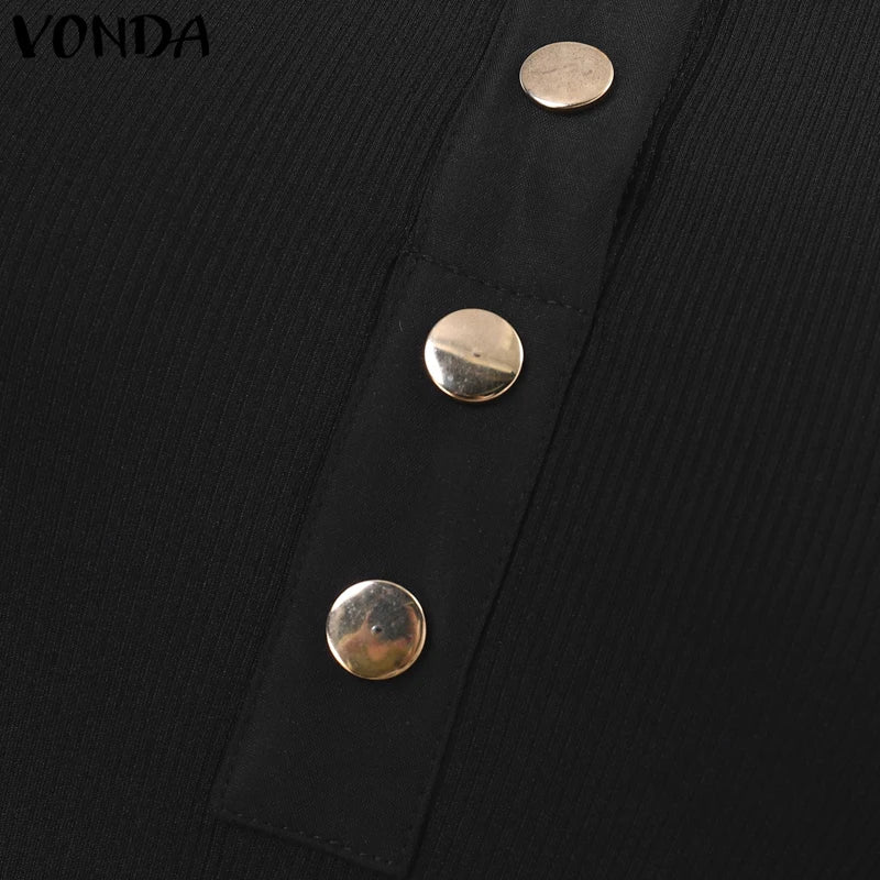 Plus Size 5XL VONDA 2025 Women Knitted Dress Sexy Long Sleeve Split Long Dress Lapel Collar Sundress Casual Robe Solid Vestidos