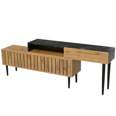 Lazyspace Modern TV Stand with Marble and Wood Grain, TV Cabinet with Iron Legs, Wooden TV Stand with Storage Space
